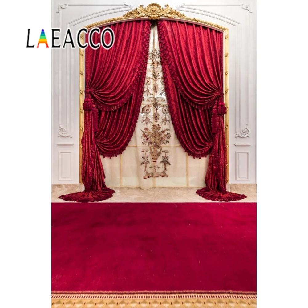 

Laeacco Red Curtain Pillow Carpet Indoor Shooting Backdrops Customized Portrait Photographic Background Vinyl Photo Studio Vedio