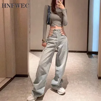 

2020 new high waist light blue denim full lenthe flare street sexy hollow waists chain jeans female trousers U378