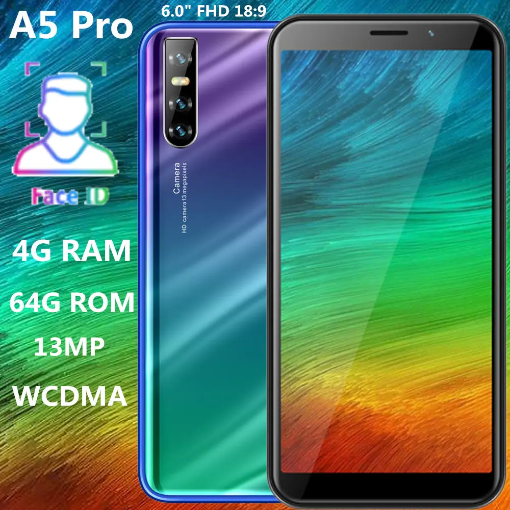 

A5 Pro 6.0" IPS 18:9 quad core smartphones 4GRAM 64G ROM 13MP HD camera celulars face ID unlocked android mobile phones Dual SIM