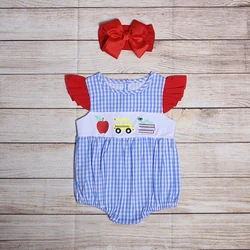 Vêtements d'été pour filles, barboteuse à carreaux bleu, sans manches, pour la rentrée scolaire, motif brodé de voiture Apple, pour bébés et tout petits 