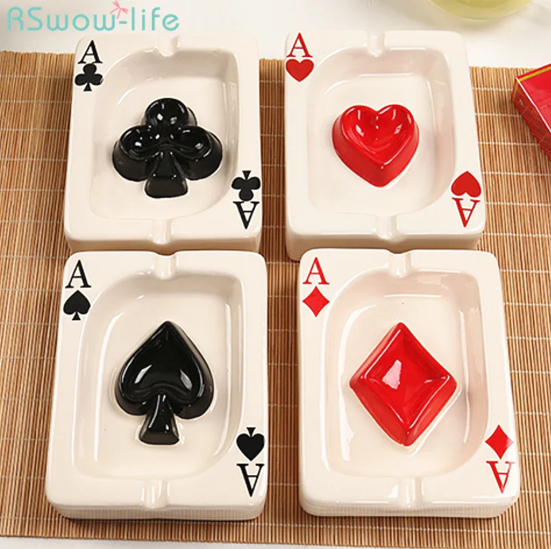 

European Style Poker Creative Red Heart Square White Porcelain Portable Ashtray Cigar Cigarette Ash Tray Creative Home Gadgets
