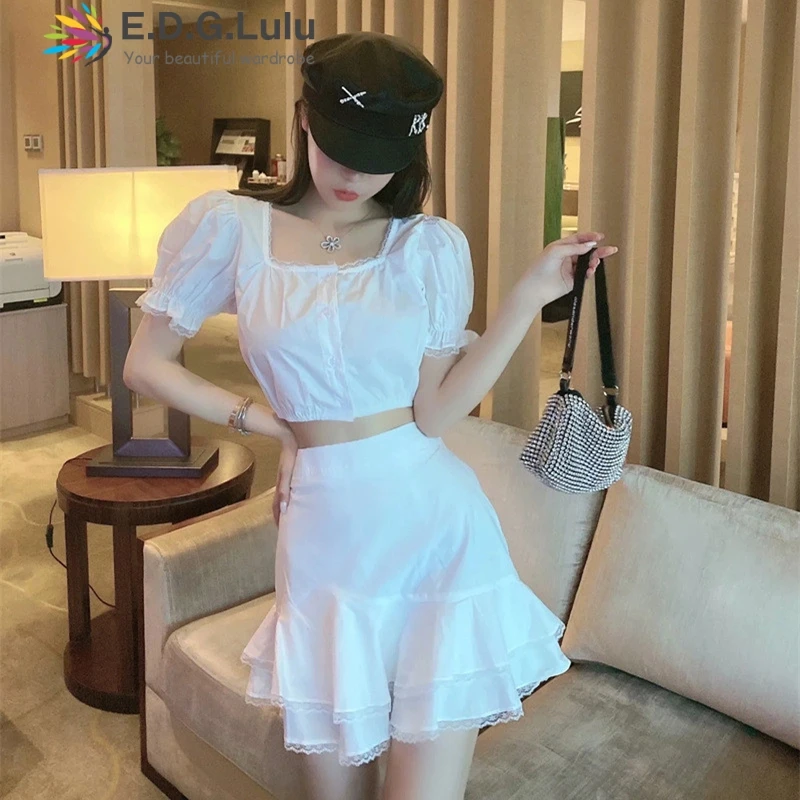 EDGLuLu 2 Piece Set Square Neck Puff Sleeve White Crop Top And elegant Ruffle Skirt Two Skirts Summer 0716 | Женская одежда