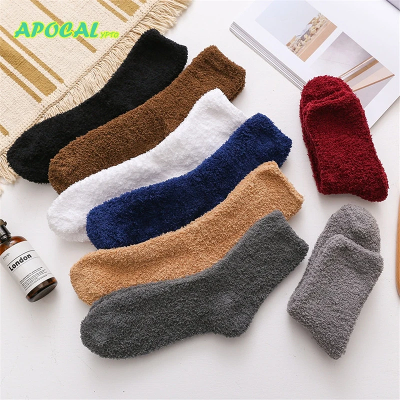 

APOCAL Winter Warm Plush Coral fleece Men Socks Thicken Solid Simple Sleep Sox Man Cotton socks Fluffy Bed Daddy Christmas Gifts