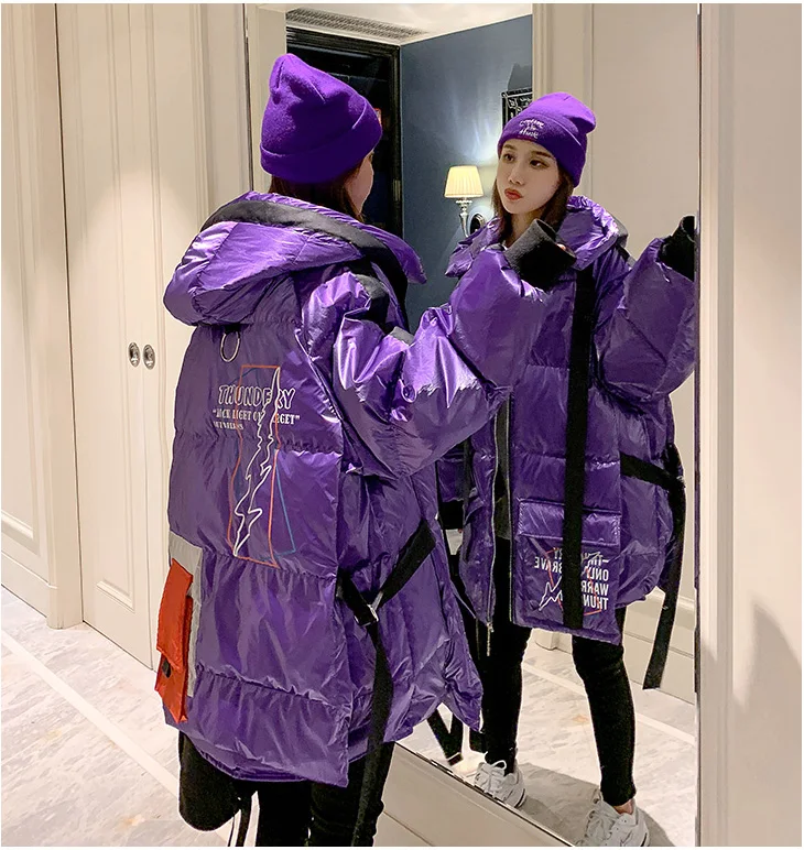Winter Down Jacket Women Long Hit Color Striped Letter-print Warm Padded Parka Female Plus Size Winter Cotton Outwear
