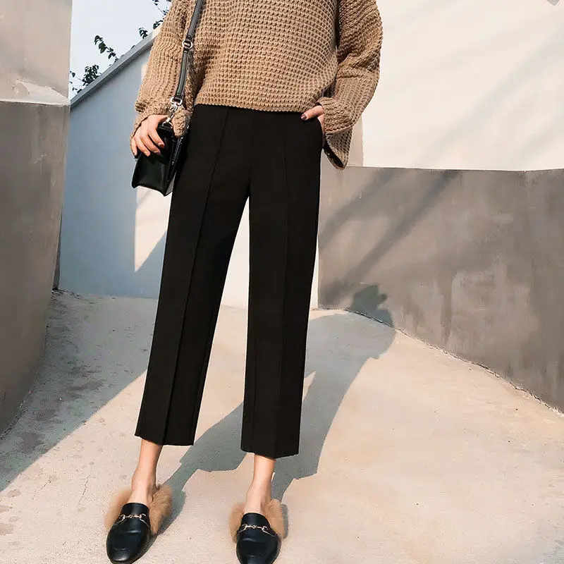 Осень-зима шерстяные прямые брюки с широкими штанинами Для женщин утепленные свободные офисные шерстяное Высокая Талия штаны