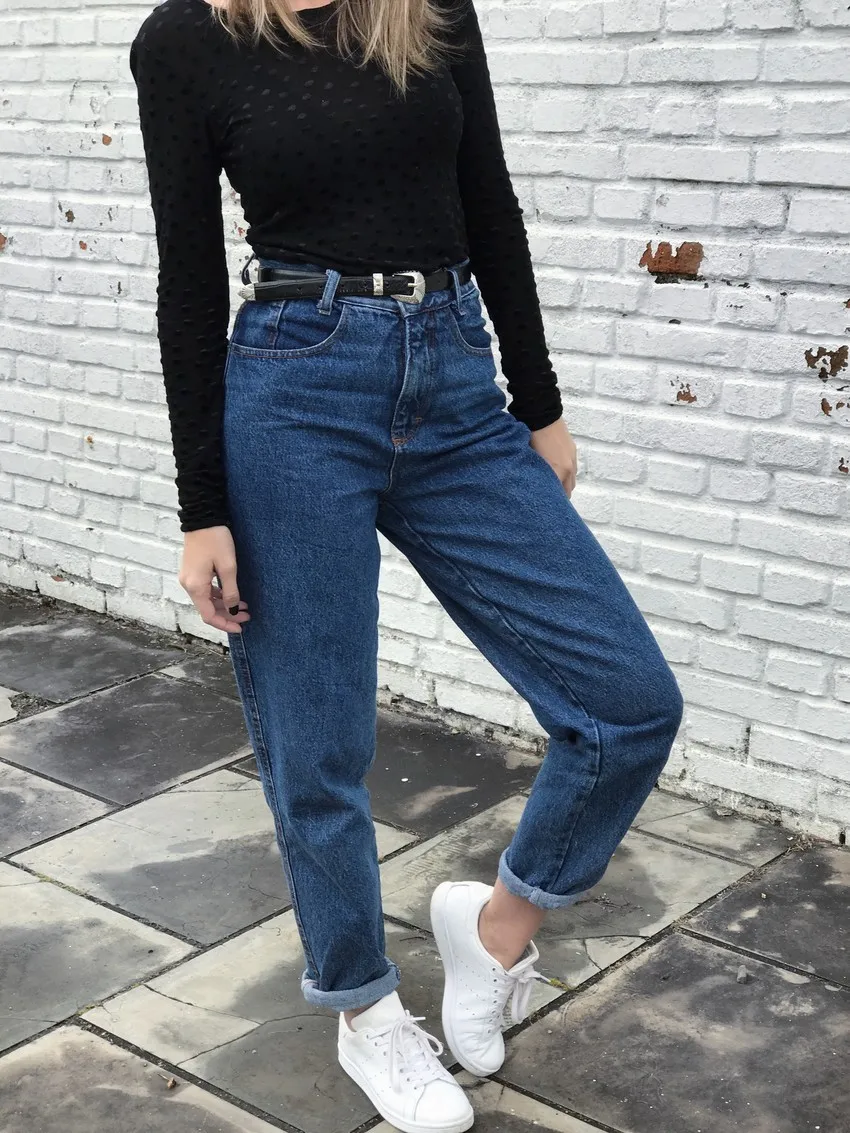 CatonATOZ 2233 nuovi arrivi donna blu scuro Capri Mom Jeans Jeans a vita  alta pantaloni in Denim pantaloni donna Harem boyfriend jeans|Jeans| -  AliExpress