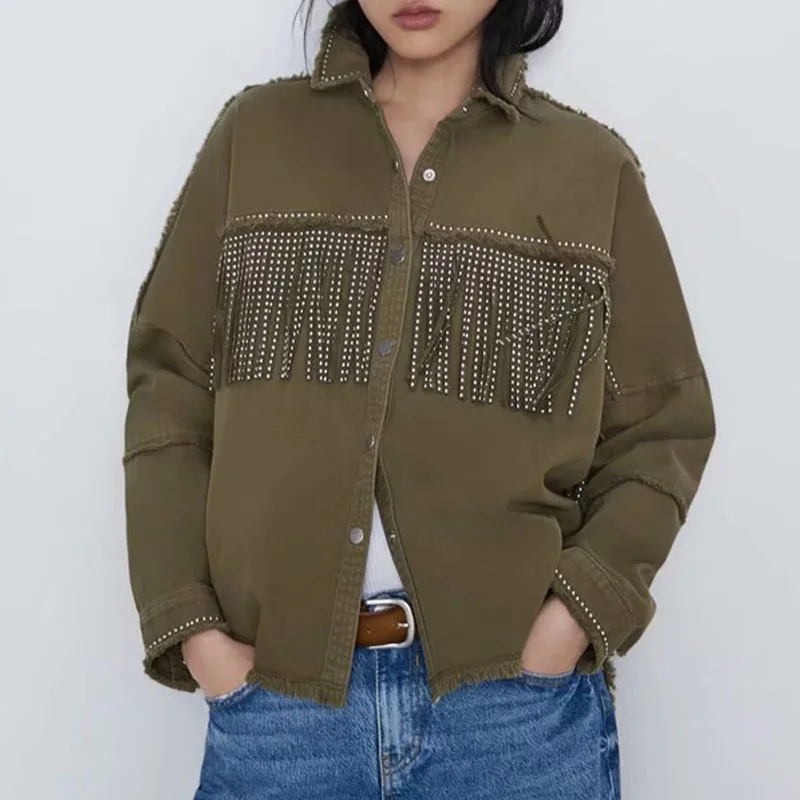 

Runway Beads Army Green Jeans Jacket Women Oversized Black Denim Jacket 2019 Winter Cotton Tassel Jackets Coats Women Outerwear
