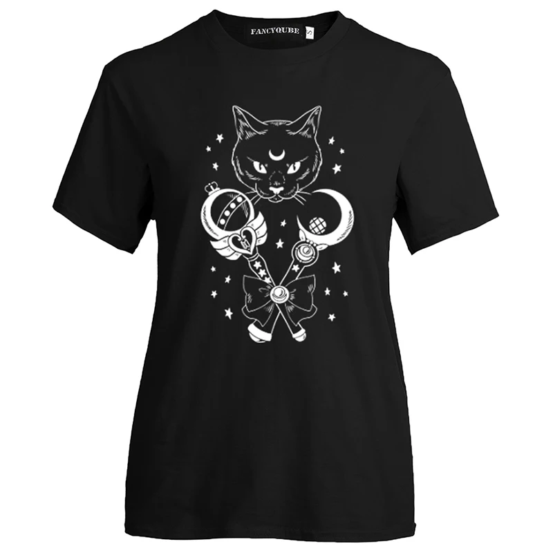 Футболки с принтом в стиле панк, готика, кошка, луна, черная ведьма, футболки для готических девушек, женские хлопковые футболки, топы - Цвет: W20932BK