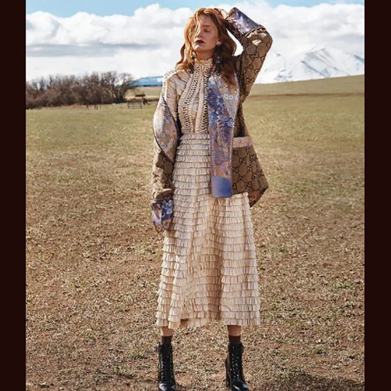 Ladies Spring New Vintage Short Style Twill Colorful Cloud Thick Cross Dressing Waist Dress