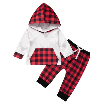 買取 2個新生児キッズベビー少年少女クリスマスチェック柄服フード付きトップス長袖トレーナーパンツ衣装セット