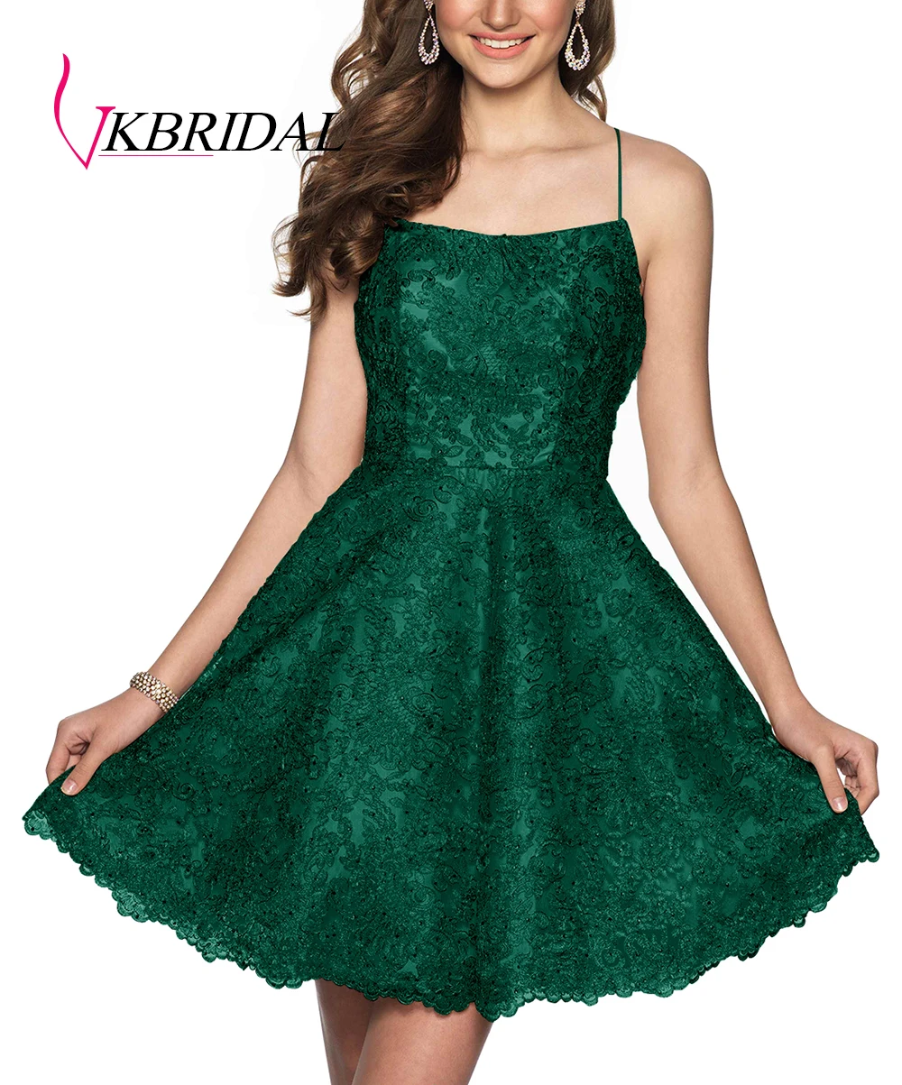 VKBRIDAL кружевные выпускные платься с бисером Короткие Спагетти ремни синий Vestidos de Graduacion с ремешками сзади - Цвет: Зеленый