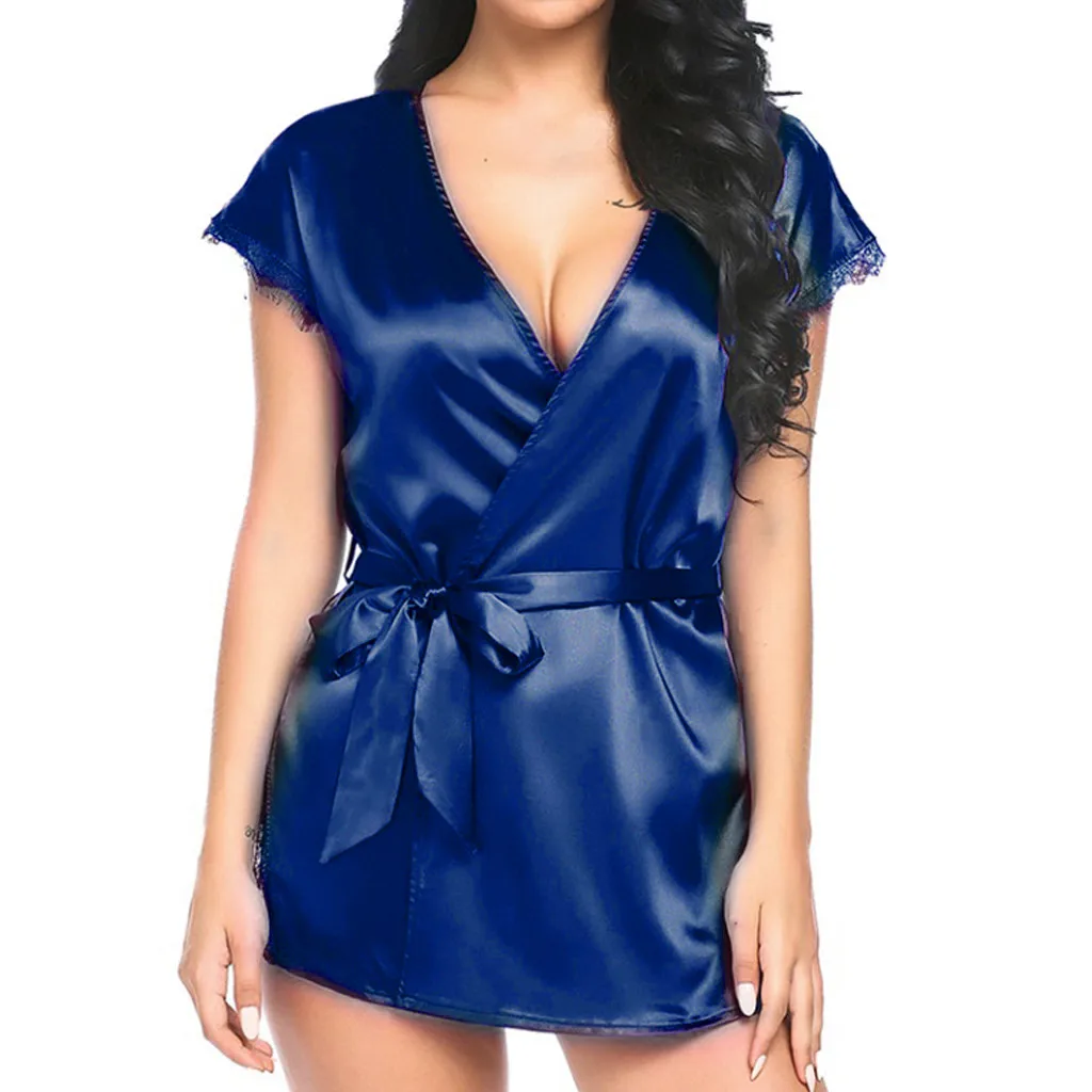 Dark Blue Женский атласный Шелковый кружевной халат, модный короткий рукав, мини-кимоно, халат, ночная рубашка, женская одежда для сна с поясом, летнее сексуальное банное платье - Цвет: Dark Blue