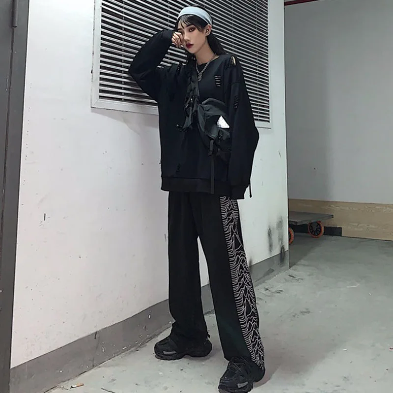 Ulzzang корейский ins хип-хоп Харадзюку боковой печати уличная Личность печати Эластичный случайные талии свободные широкие брюки