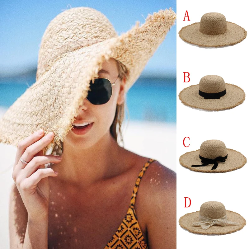 

Women Soft Straw Floppy Hats Summer Wide Brim Sunhat Beach Caps Travel Outdoor Size US 7 1/8 UK M