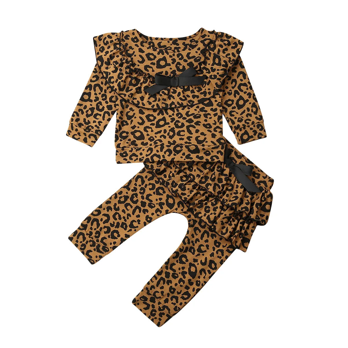 

Toddler Baby Fall Clothes Infant Girl Leopard Ruffle Tops Sweatshirt Long Sleeve T-Shirt Pants 2Pc Outfits