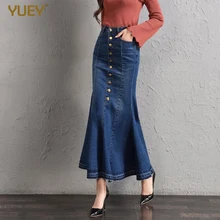 Женская модная джинсовая юбка размера плюс, весна-осень, однобортная, тонкая, рыбий хвост, высокая талия, тянущаяся юбка с оборками, ягодицы