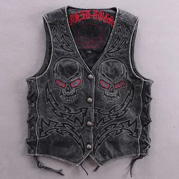 

Locomotive Genuine Men Cowhide Heavy Retro Vintage Skull Slim Fit Youth Vest Sleeveless Leather Coat Male