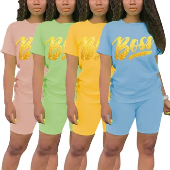 

2020 New Summer Two Piece Suit Women's Golden Letters Print Short-sleeve T-shirt Set Tops+ Biker Shorts Casual Active Sets