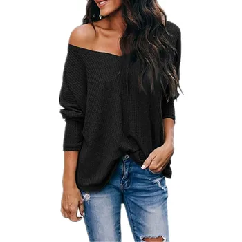 

2019 Autumn V Neck Off Shoulder Pullover Long Sleeve Woman Sweater