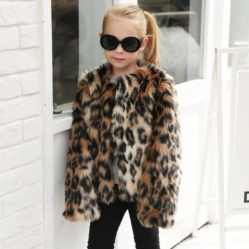 Детское пальто с искусственным мехом, пальто Одежда для детей; малышей; девочек леопардовая куртка осень-зима толстые Теплая верхняя одежда