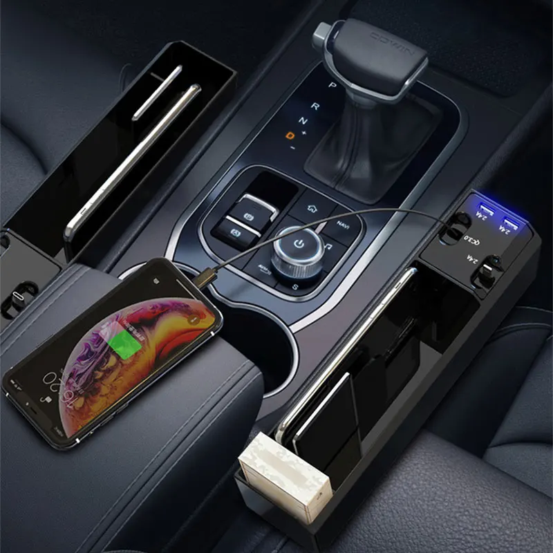 Car Seat Gap Storage Box with Dual USB Port and Charger Cable