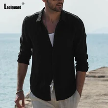 

Ladiguard Plus Size Mens Casual Shirt Long Sleeve Blouses 2022 Single Breasted Tops Autumn Solid Cotton Linen Shirt blusas Homme
