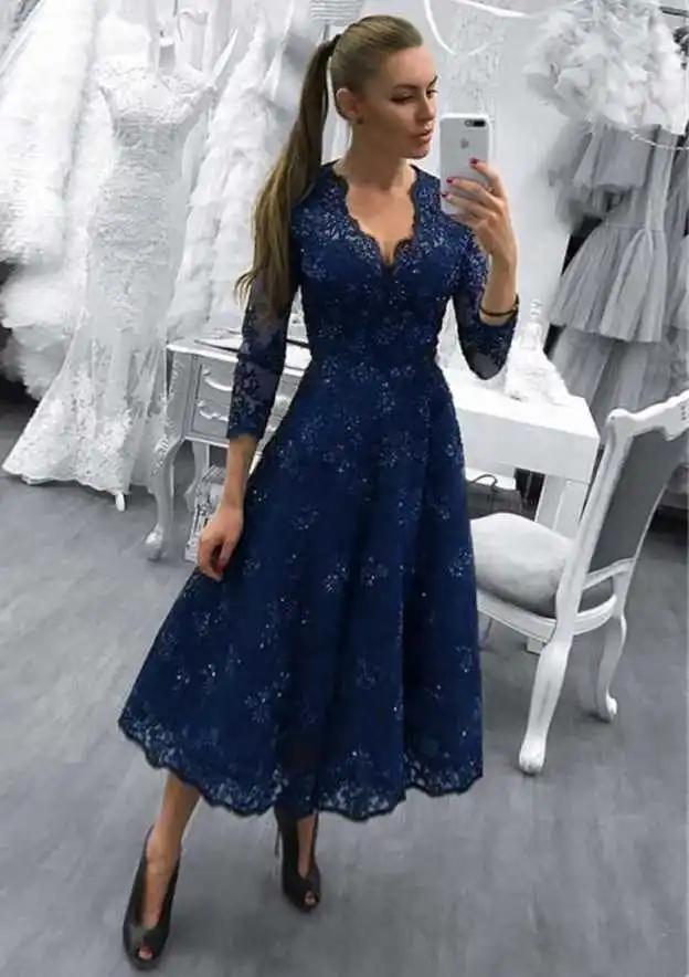 Пикантные элегантные Для женщин одежда с длинным рукавом Темно-синие вечернее платье для выпускного 2019 кружевное платье для матери