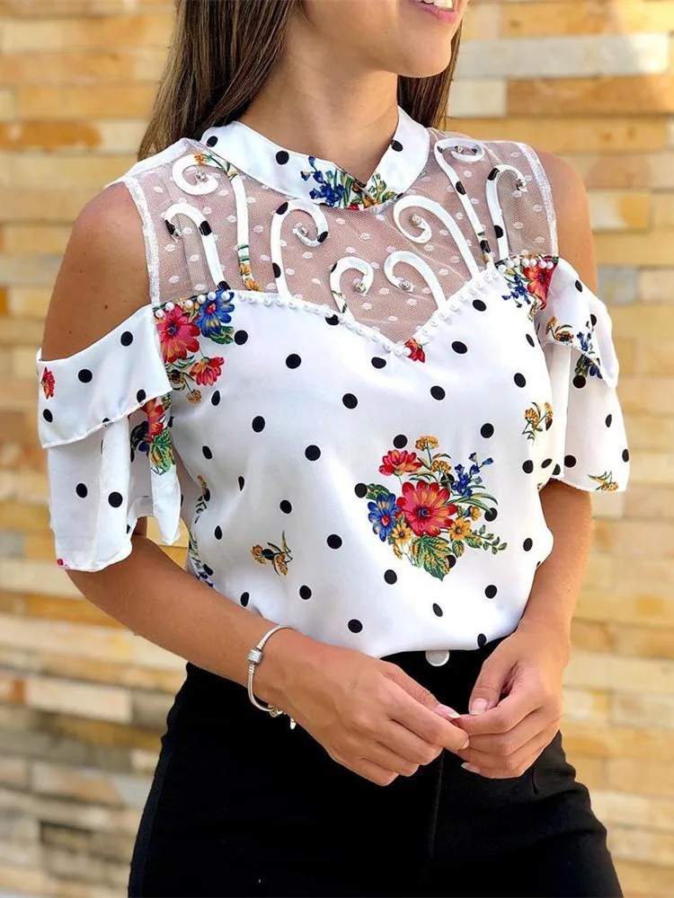 Осенний женский элегантный повседневный топ для отдыха женский винтажный цветочный топ для отдыха Базовая рубашка с открытыми плечами сетчатая блузка с принтом