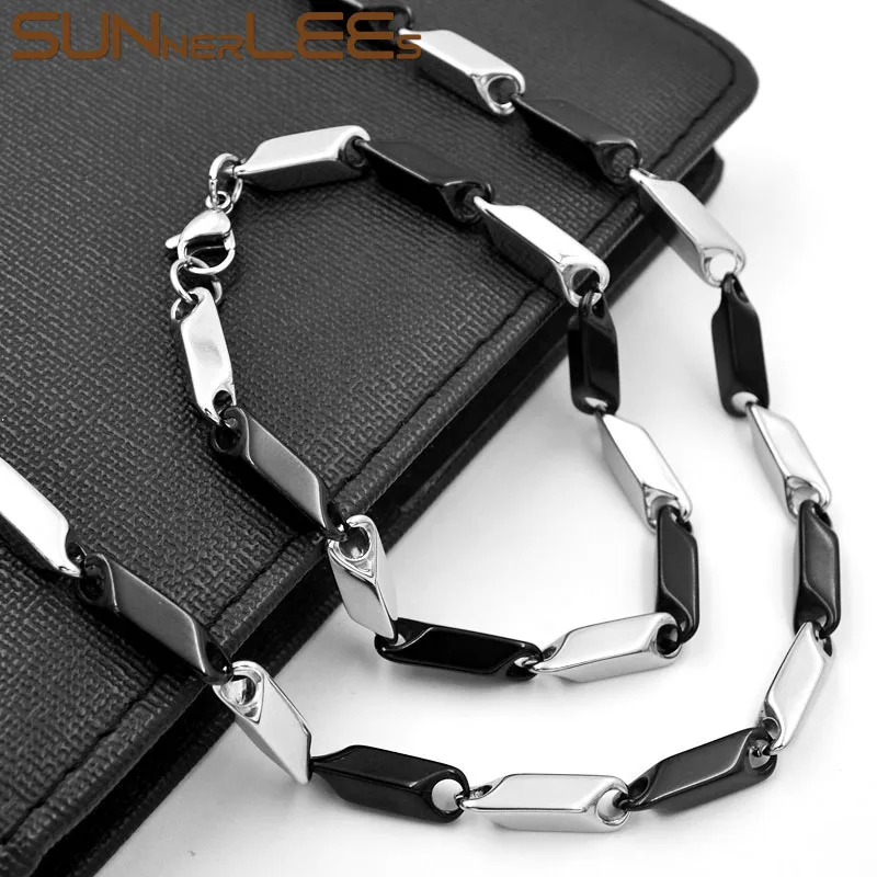 

SUNNERLEES 316L Stainless Steel Necklace Bracelet Set 3mm Geometric Link Chain Silver Gold Black Men Women Jewelry Gift SC147 S