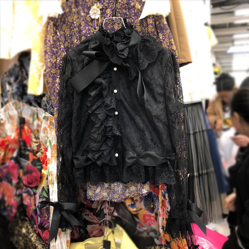  Lace Blouse Women 2020 Spring Autumn New Korean Retro Ruffle Bow Shirt Women's Slim-Fit Lace Shirt 
