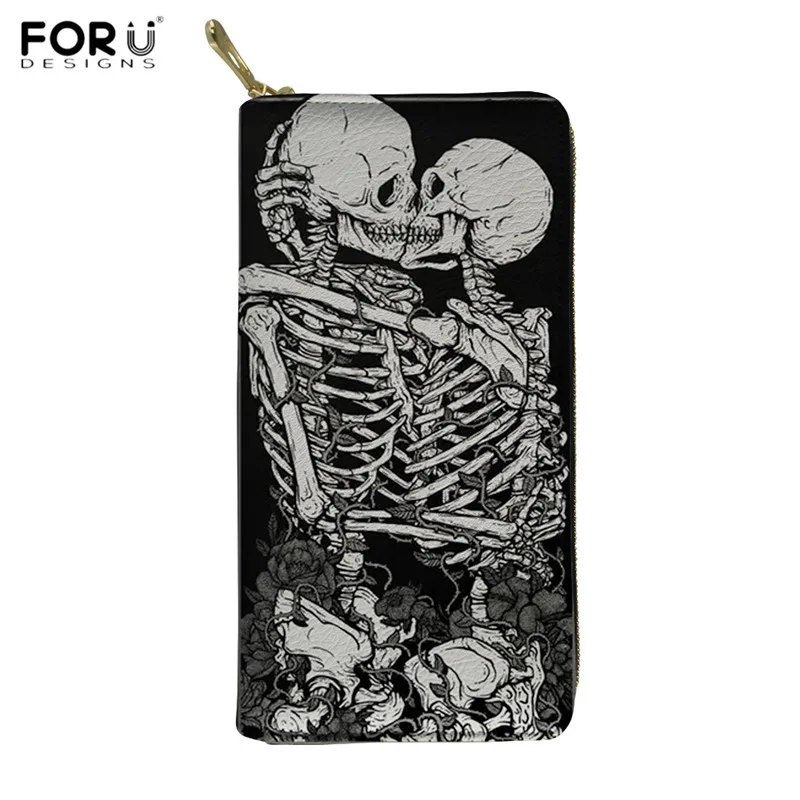 

FORUDESIGNS Black Wallets The Lovers Design Punk Style Long PU Purse for Female Skull Print Bank Card Pouch Brand Perse Carteira