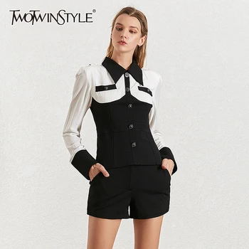 

TWOTWINSTYLE Elegant Patchwork Two Piece Set For Women Lapel Collar Long Sleeve Shirt Short Pants Suits Female 2020 Fashion