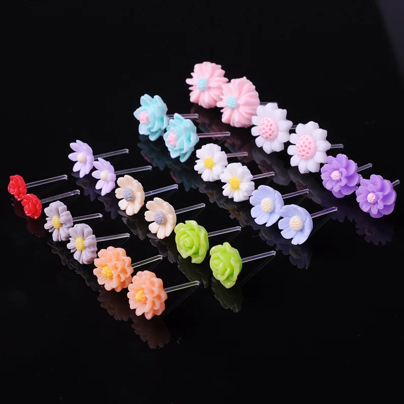 8Seasons New Fashion Colorful Rose Chrysanthemum Flower Plastic Stud Earrings Set For Women Party Club Earrings Jewelry,1Set