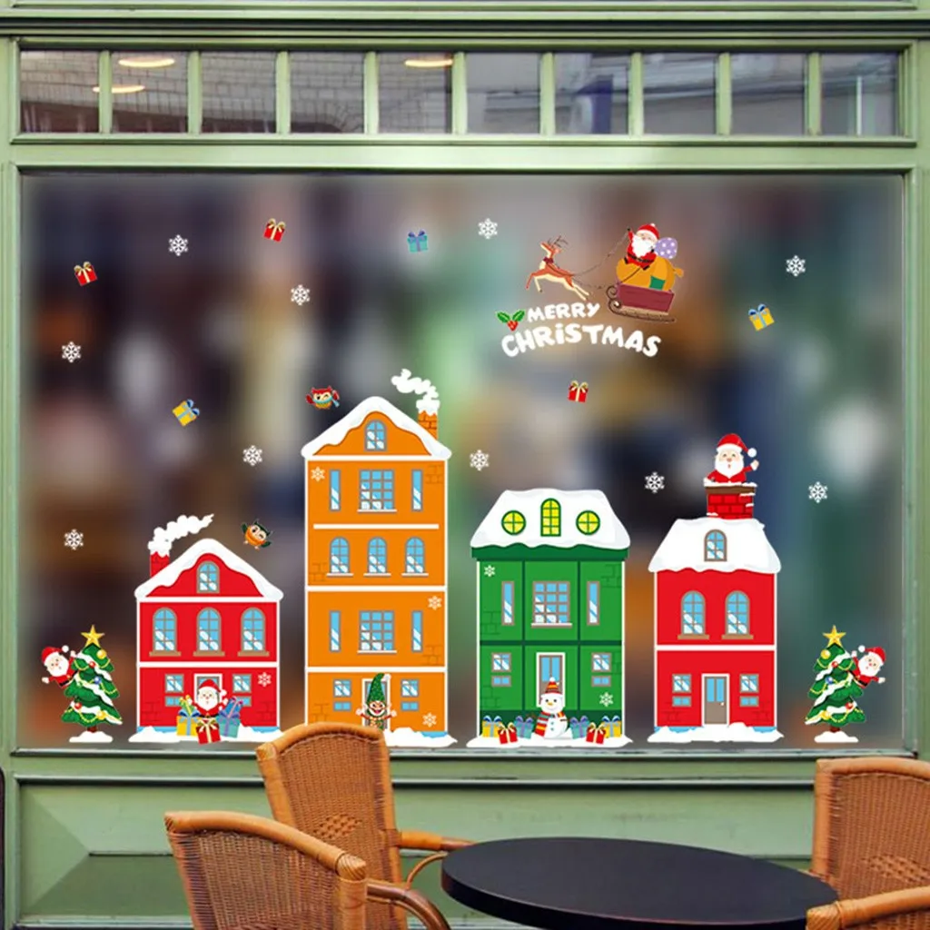 Merry Christmas стикер на стену s Мультфильм Снеговик Санта для витрины, стекла украшение, наклейки из ПВХ Рождество Домашний декор настенные наклейки