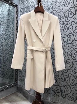 

2020 Early Autumn New Women's Lapel Buckle Belt Waist Hugging Decorative Hem Pleated Long-Sleeved Dress 718