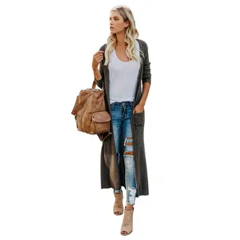 

Autumn Winter Women's Knitting Long Sleeve Splice Button Big Pocket Solid Large Sweater Coat For Ladies Long Cardigan Coat