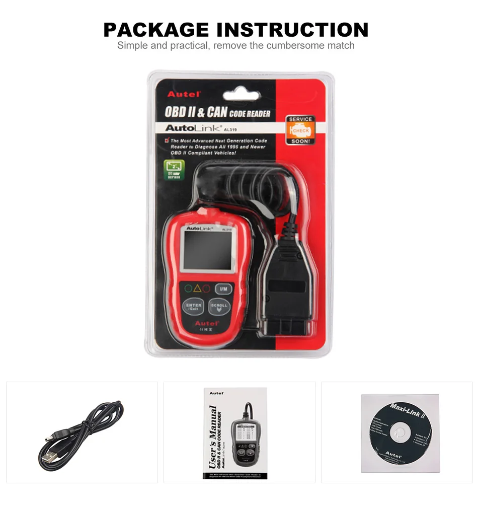 Autel AutoLink AL319 автоматический считыватель кода диагностический инструмент OBD2 сканер autel al319 automotriz считывание и стирание кода PK elm327 ML319