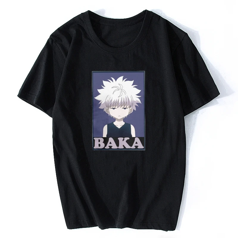 Охотник х Охотник футболки Killua Zoldyck Baka классический комикс о-образный вырез с коротким рукавом классический аниме Япония хлопок футболки мужские - Цвет: Черный