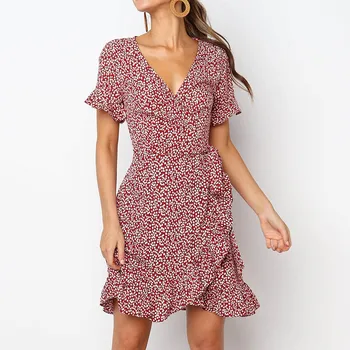 

Women Fashion Ladies Stylish Floral Printed V-Neck Short Sleeve Chiffon High Waist Laced Irregular Sexy Leg Slit Midi Dress Wear