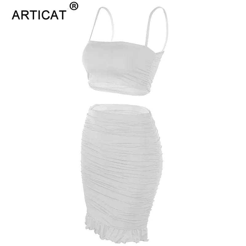 Articat Women Sexy Bodycon 2 Piece Dress Set Ruffles Spaghetti Strap Crop Top Summer Mini Skirts Suits Fashion Solid Outfits