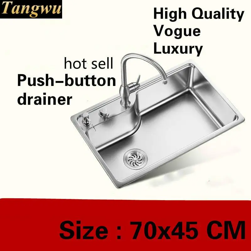Free shipping Home stretch faucet wash vegetables kitchen single trough sink push button drainer 304 stainless steel 700x450 MM |
