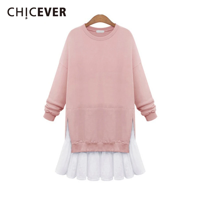 CHICEVER Корейская Розовая Толстовка для женщин с круглым вырезом и длинным рукавом
