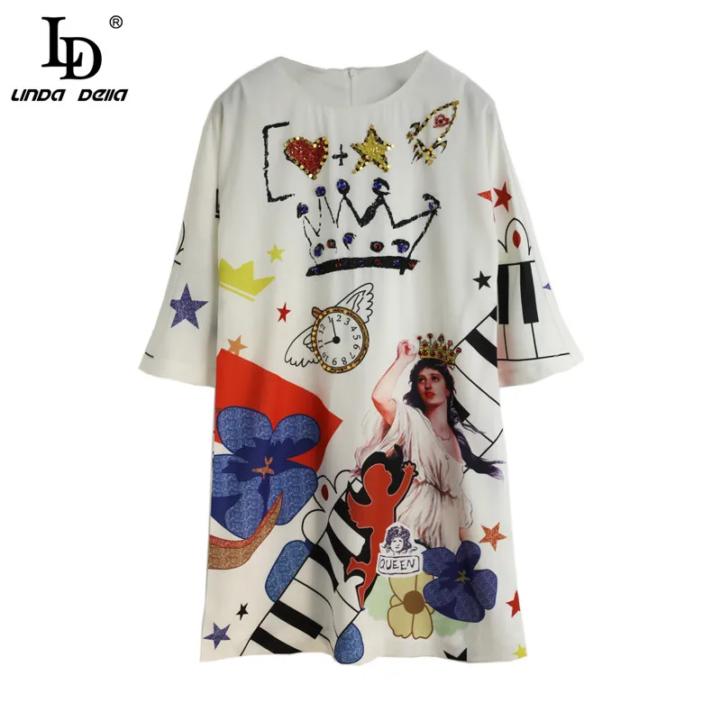 

LD LINDA DELLA Fashion Runway Summer Women LooseDress O-Neck Bead Sequined Character Geometric Print Ladies Vintage Mini Dresses