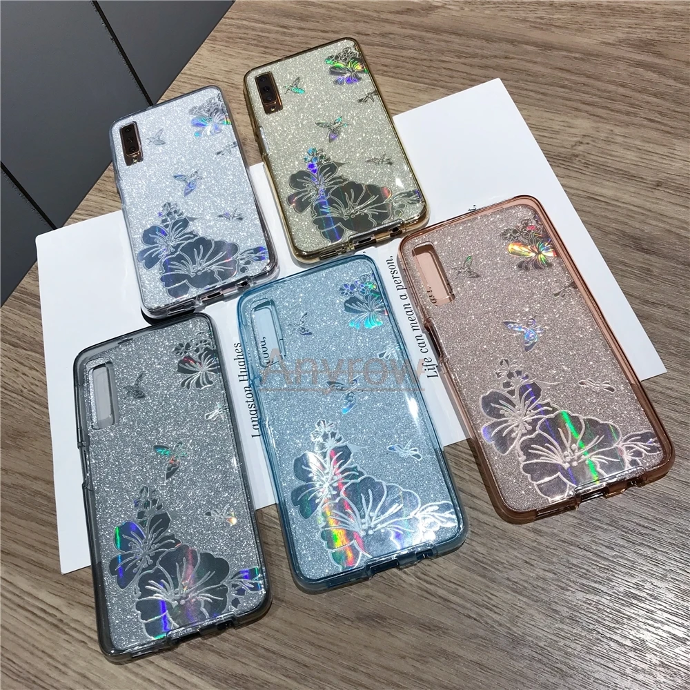 360 Передний+ задний бабочкой цветок блестящий чехол ТПУ для samsung Galaxy A10 A20 A30 A50 A70 A20E M10 M20 M30 крышка Полный чехол для телефона чехол s