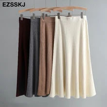 Шикарный осенне-зимний женский длинный свитер юбка-зонтик Повседневная Базовая Трикотажная трапециевидная юбка Женские однотонные элегантные юбки