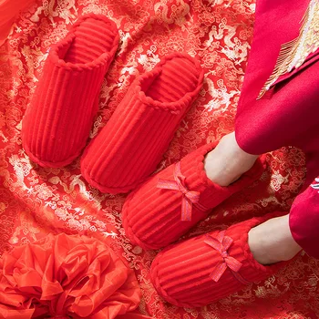 

China Red Black Snow Transport Red Newly-married Happy Marry Slipper Lovers Cotton Slipper Woman