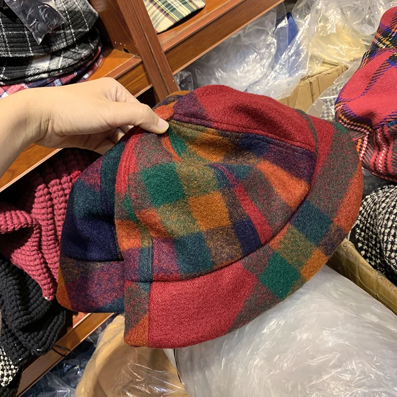 Autumn Winter Women Wool Blend Bucket Hat Red Blue Colorful Plaid Fisherman Hats Fashion Casual Street Dome Visor Cap Adjustable
