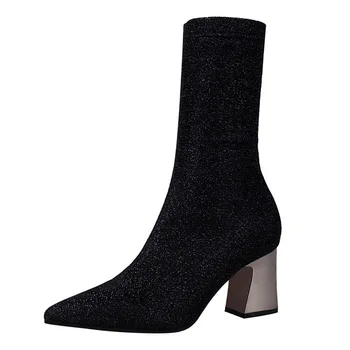 

New Design Boots Women Short Plush Autumn Winter Ladies Shoes pointed toe High Square Heels with Glitter XBT014