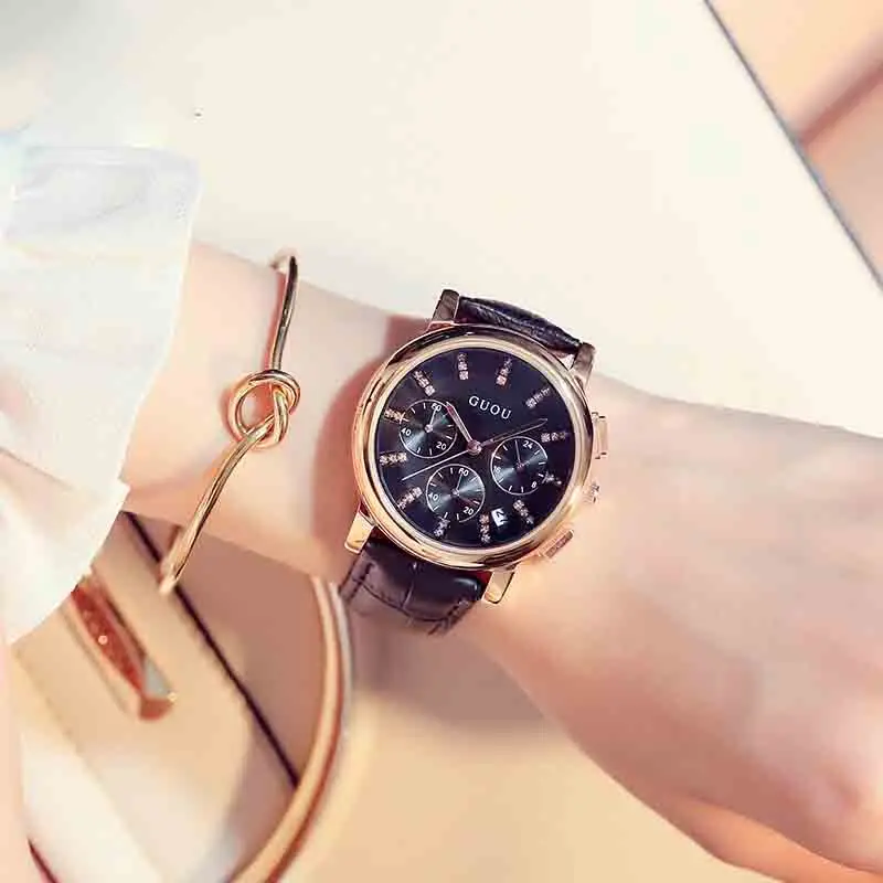 

Ladies Watch With 12 Diamonds Large Dial Three-eye Calendar Wrist Watch Multi-functional Female Watch With Leather Watchband
