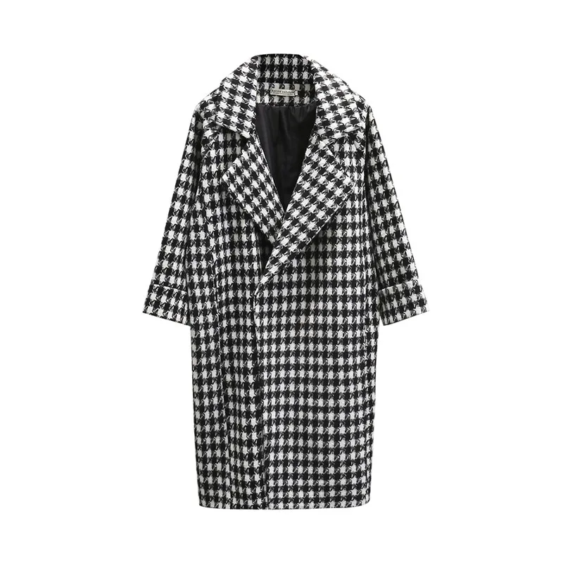 

2019 Winter Wool Coat Women Jacket Houndstooth Plaid Pockets Woolen Blends Long Coats Casual Lady Slim Long Sleeve Outerwear